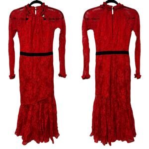 Three Floor Split Tease Dress Red Black Floral Lace Midi Cutout Sheer Hem Size 4